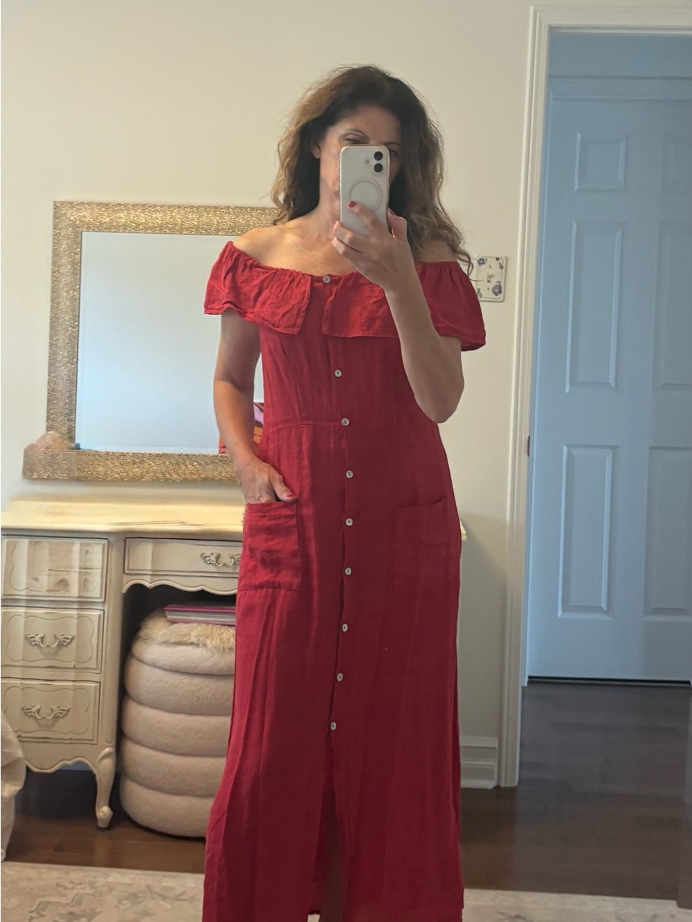 Off-Shoulder Button-Front Red Maxi Dress